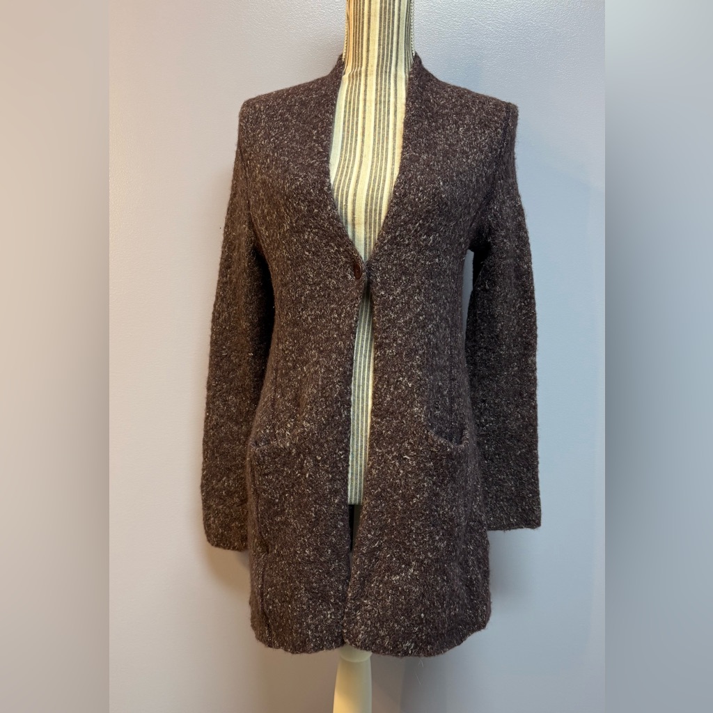 Eileen Fisher Alpaca Wool Silk Nylon One Button Purple Cardigan Sweater M